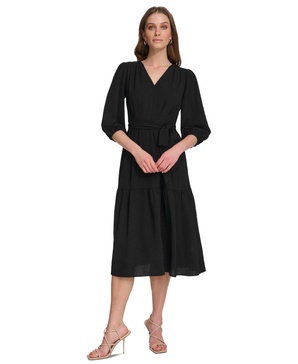 Women's Balloon-Sleeve Tie-Waist Tiered Dress
