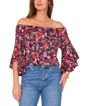 Women's Floral-Print Off-The-Shoulder Flutter-Sleeve Top