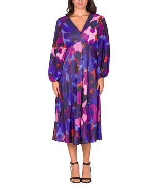 Women's Pleated V Neck Empire Waist Midi Dress