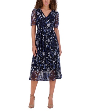 Women's Embroidered Mesh Tie-Waist Midi Dress