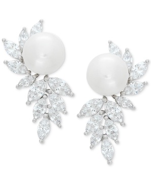 Cultured Freshwater Pearl (10mm) & Cubic Zirconia Drop Earrings in Sterling Silver