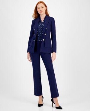 Women's Faux Double-Breasted Jacket, Pleated Top & Pull-On Pants