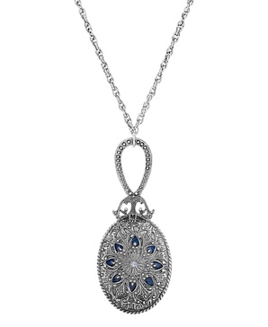 Silver-Tone, Pewter Oval Mirror With Blue Enamel and Light Sapphire Necklace