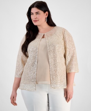 Plus Size Embellished 3/4-Sleeve Jacket & Sleeveless Top Set
