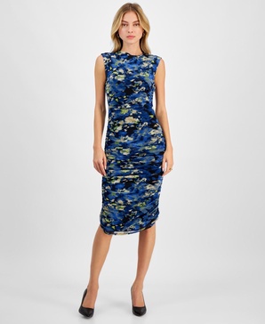 Women's Floral-Print Mesh Ruched Sheath Dress, Exclusively at Macy's
