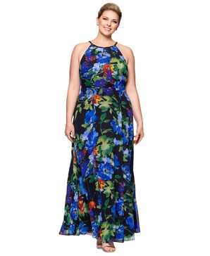 Plus Size Floral-Print Halter Gown