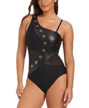 Women's Faux-Leather One-Shoulder One-Piece Swimsuit