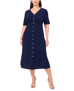 Plus Size V-Neck Button Short-Sleeve Midi Dress