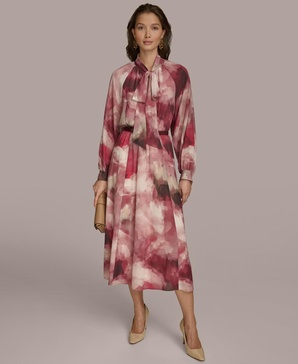 Women's Printed Tie-Neck A-Line Dress