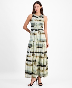 Women's Printed Smocked-Bodice Tiered Maxi Dress