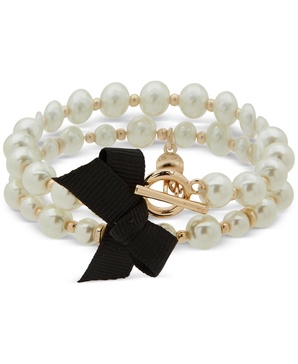 Gold-Tone Imitation Pearl & Black Bow Double Row Toggle Stretch Bracelet