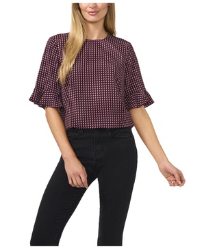 Women's Printed Crewneck 3/4-Sleeve Ruffled Cuff Blouse
