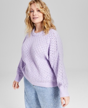 Trendy Plus Size Pointelle-Knit Long-Sleeve Sweater, Created for Macy's