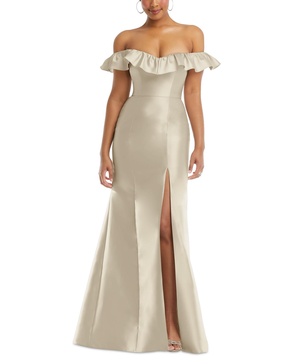 Women's Off-the-Shoulder Ruffle Neck Satin Trumpet Gown