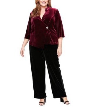 Plus Size Velvet Beaded-Button 3/4-Sleeve Top & Straight-Leg Pants 