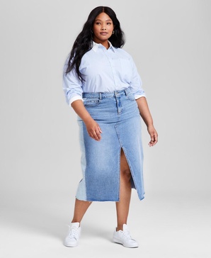 Plus Size Two-Toned Slit-Front Cut-Hem Denim Skirt, Exclusively at Macy's