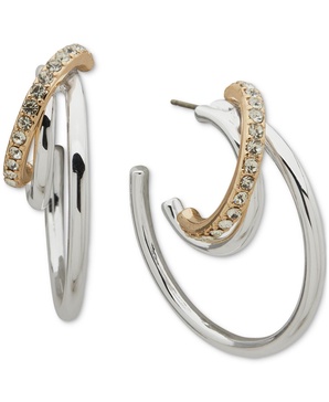 Two-Tone Crystal Multi Row Medium C Hoop Earrings, 1.6"