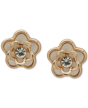 Gold-Tone Mother of Pearl Crystal Flower Stud Earrings