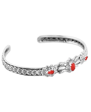 Sterling Silver Women's Cuff Bracelet Coral Gemstone Flower Concha Design Size Small - Large