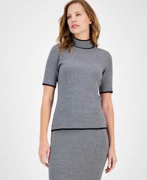 Women's Printed Mock-Neck Short-Sleeve Sweater 