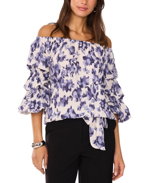 Women's Floral-Print Off-The-Shoulder Bubble-Sleeve Top
