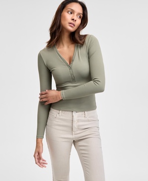 Women's Ribbed Henley-Neck Long-Sleeve Top, Created for Macy's