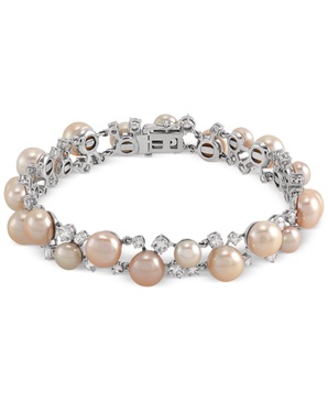 Freshwater Pearl (6 - 8-1/2mm) & Cubic Zirconia Link Bracelet in Sterling Silver