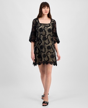 Women's Lace Square-Neck Bell-Sleeve Dress