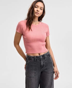 Women's Ribbed Curved-Hem Crewneck Top, Exclusively at Macy's