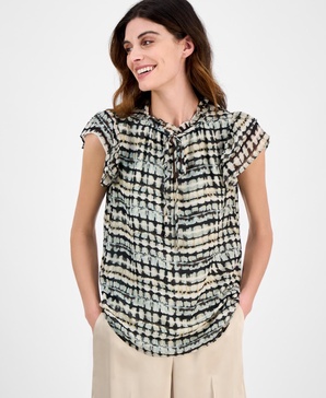 Women's Abstract-Print Split-Neck Flutter-Sleeve Top