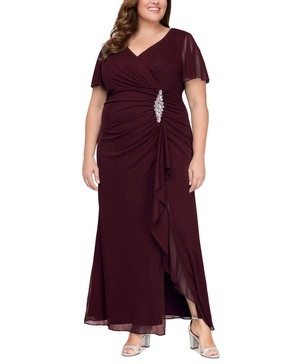 Plus Size Flutter-Sleeve Embellished-Trim Gown 