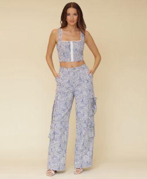 Women's Floral Print Lace-Trim Square-Neck Corset Top &  Floral Print Wide-Leg Cargo Pants