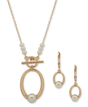 Gold-Tone Imitation Pearl Open Circle Pendant Necklace & Earrings Set
