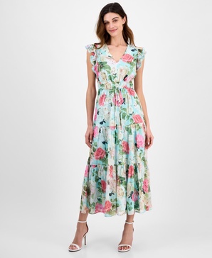Women's V-Neck Ruffle-Trim Drawstring Midi Dress