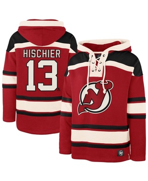 Men's Nico Hischier Red New Jersey Devils Player Name Number Lacer Pullover Hoodie