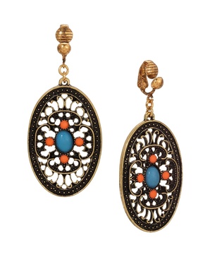 Enamel Large Oval Filigree Clip Earrings