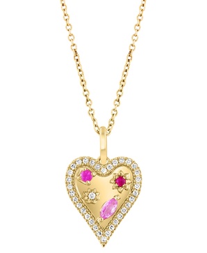 EFFY® Pink Sapphire (1/8 ct. t.w.), Ruby Accent, & Diamond (1/6 ct. t.w.) Heart Halo 18" Pendant Necklace in 14k Gold