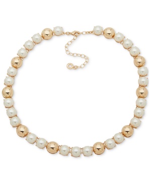 Gold-Tone Bead & Imitation Pearl Domed Collar Necklace, 16" + 3" extender
