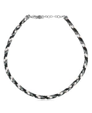 Sterling Silver Multi-Color Braided Black, White and Gray Leather Necklace, 20 to 22 Inches