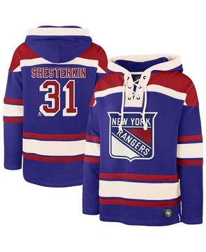 Men's Igor Shesterkin Blue New York Rangers Player Name Number Lacer Pullover Hoodie