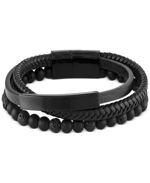 Men's Onyx & Lava Bead Triple Row Braided Leather Bracelet in Black Ion-Plated Stainless Steel (Also in Onyx/Sodalite)