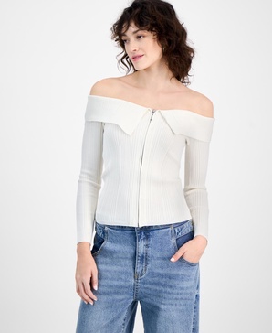 Women's Off-The-Shoulder Zippered Long-Sleeve Top, Exclusively at Macy's