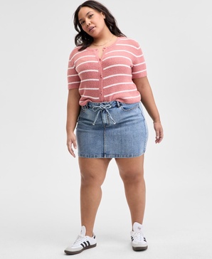 Trendy Plus Size Tie-Front Denim Mini Skirt, Exclusively at Macy's