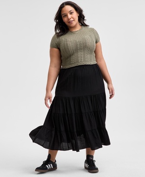 Plus Size Pull-On Tiered Midi Skirt