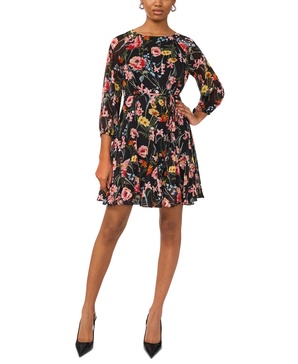 Women's Printed Tie-Waist Long-Sleeve Chiffon Dress