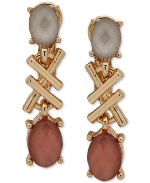 Gold-Tone Pink Criss Cross Oval Linear Clip On Earrings