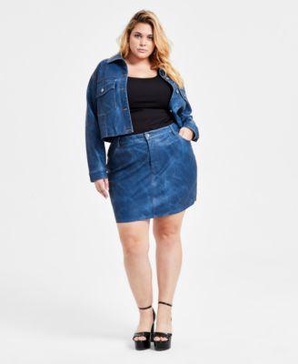 Trendy Plus Size Faux Leather Denim Cropped Jacket & Mini Skirt, Exclusively at Macy's