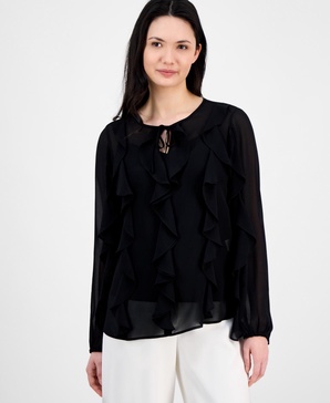 Women's Ruffled Tie-Neck Blouson-Sleeve Top