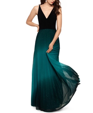 Pleated Glitter-Skirt Gown