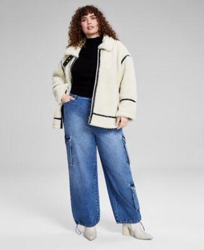 Trendy Plus Size Sherpa Fleece Jacket, Mock Neck Sweater & Bungee-Cuff Cargo Jeans, Created for Macy's